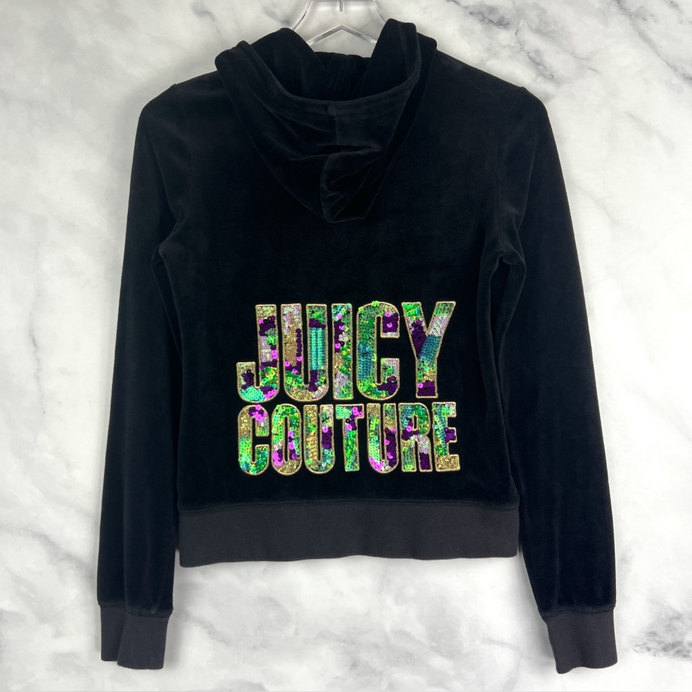 Juicy Couture Sequin Velour Velvet Zip Hoodie Jacket Y2K Vintage Retro Black S